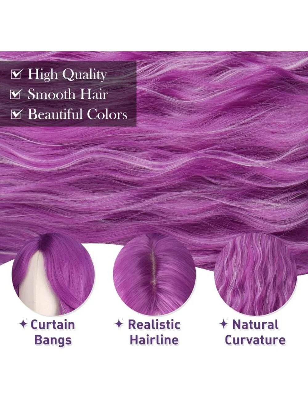 Women's Mixed Purple 26 Inch Heat Resistant Curtain Bangs Long Wavy Wigs